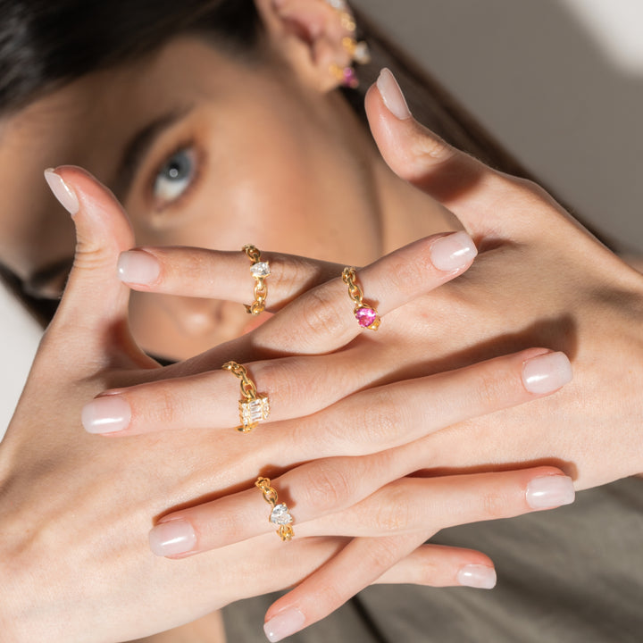 Anello in maglia marina argento 925 pietre taglio cuore zirconi fucsia - Laura P . Jewels