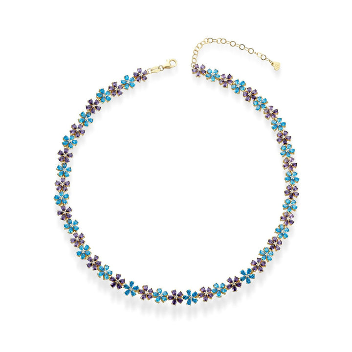 Girocollo fiori regolabile, argento 925, pietre taglio goccia, zirconi viola e azzurri, placcatura oro giallo 18kt - Laura P. Jewels