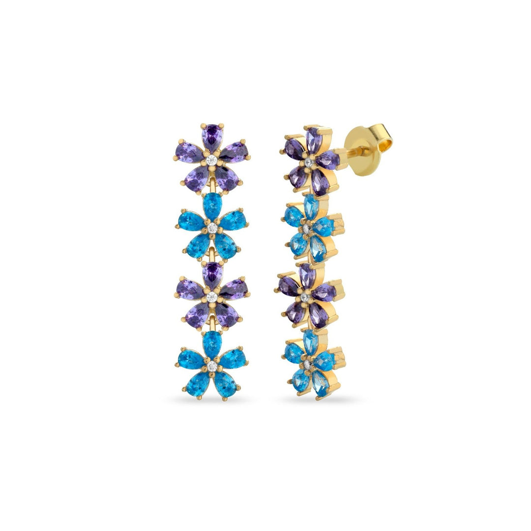 Orecchini fiori zirconi viola e azzurri, argento 925, pietre taglio goccia, zirconi viola e azzurri, placcatura oro giallo 18kt - Laura P. Jewels