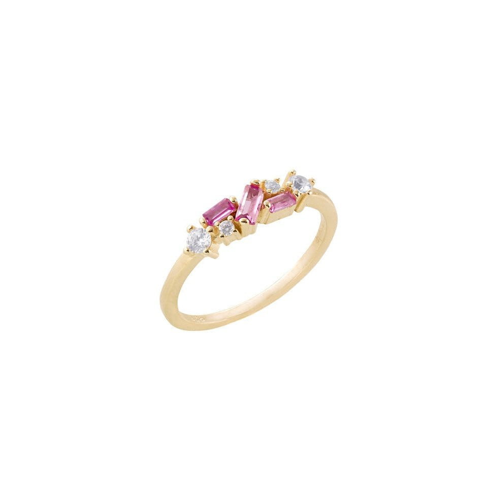 Anello Fascia con Pietra Naturale Rettangolare Baguette Quarzo Rosa e  Zirconi Bianchi in ARGENTO 925 Galvanica Oro 26383