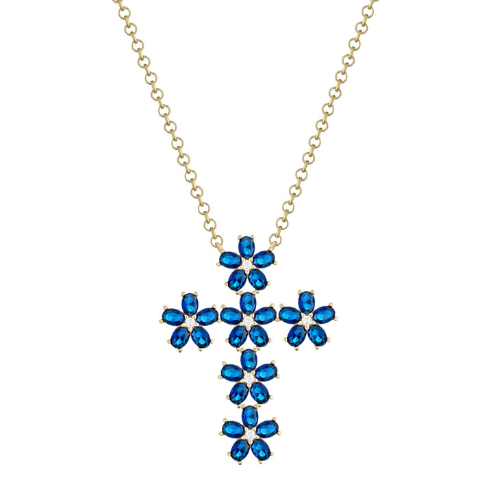 Collana croce fiore zirconi blu