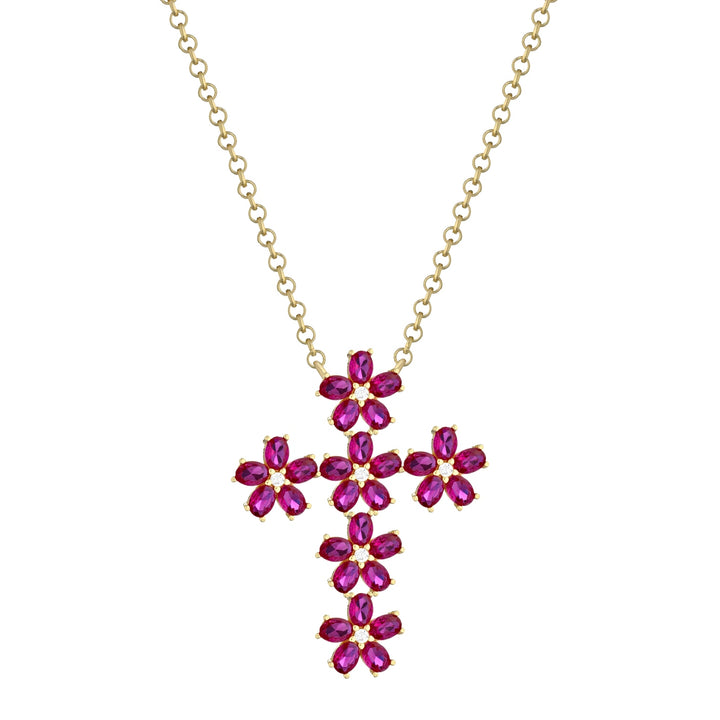 Collana croce fiore zirconi magenta