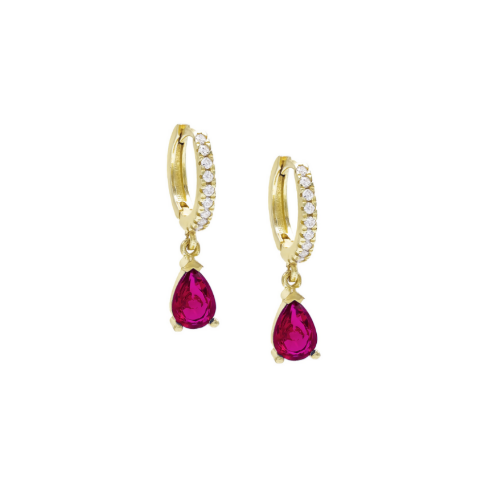 Orecchini cerchietto gocce magenta, argento 925, pietra taglio goccia, zirconi bianchi, placcatura oro giallo 18kt - Laura P. Jewels